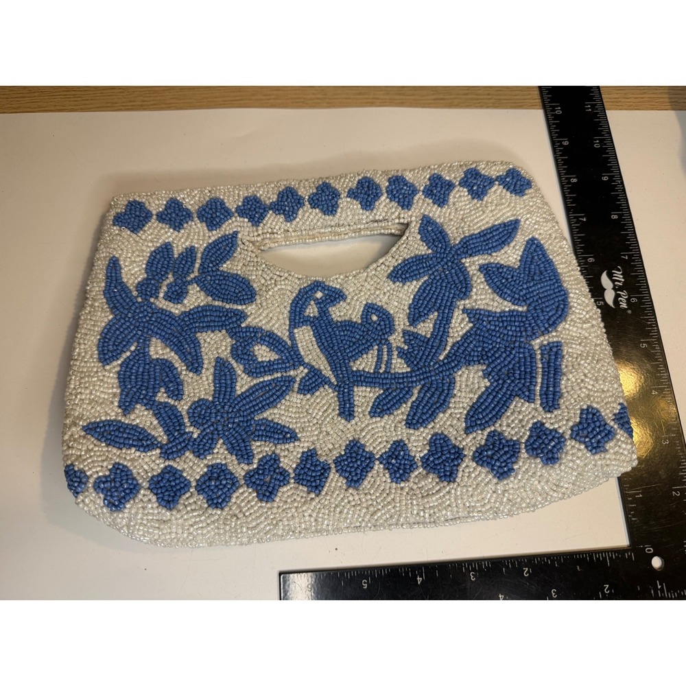 Sincerely Jules Beaded Bird Floral Clutch Handbag White Blue Top Handle Bag